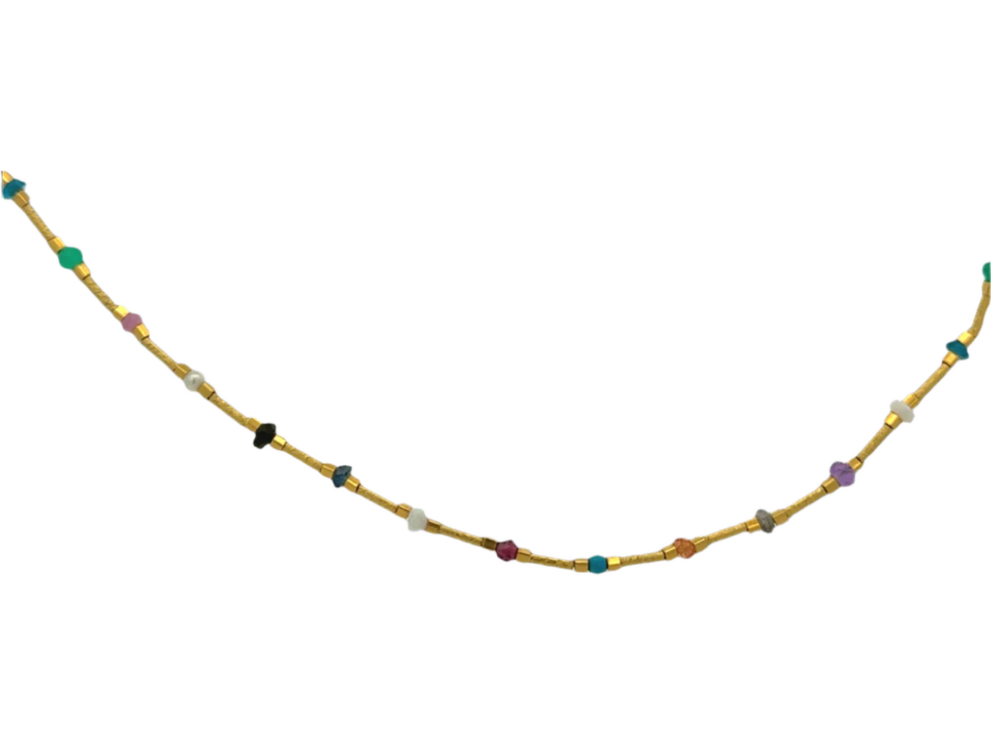 Multi Color Stone + Gold Beaded Chain - 16"