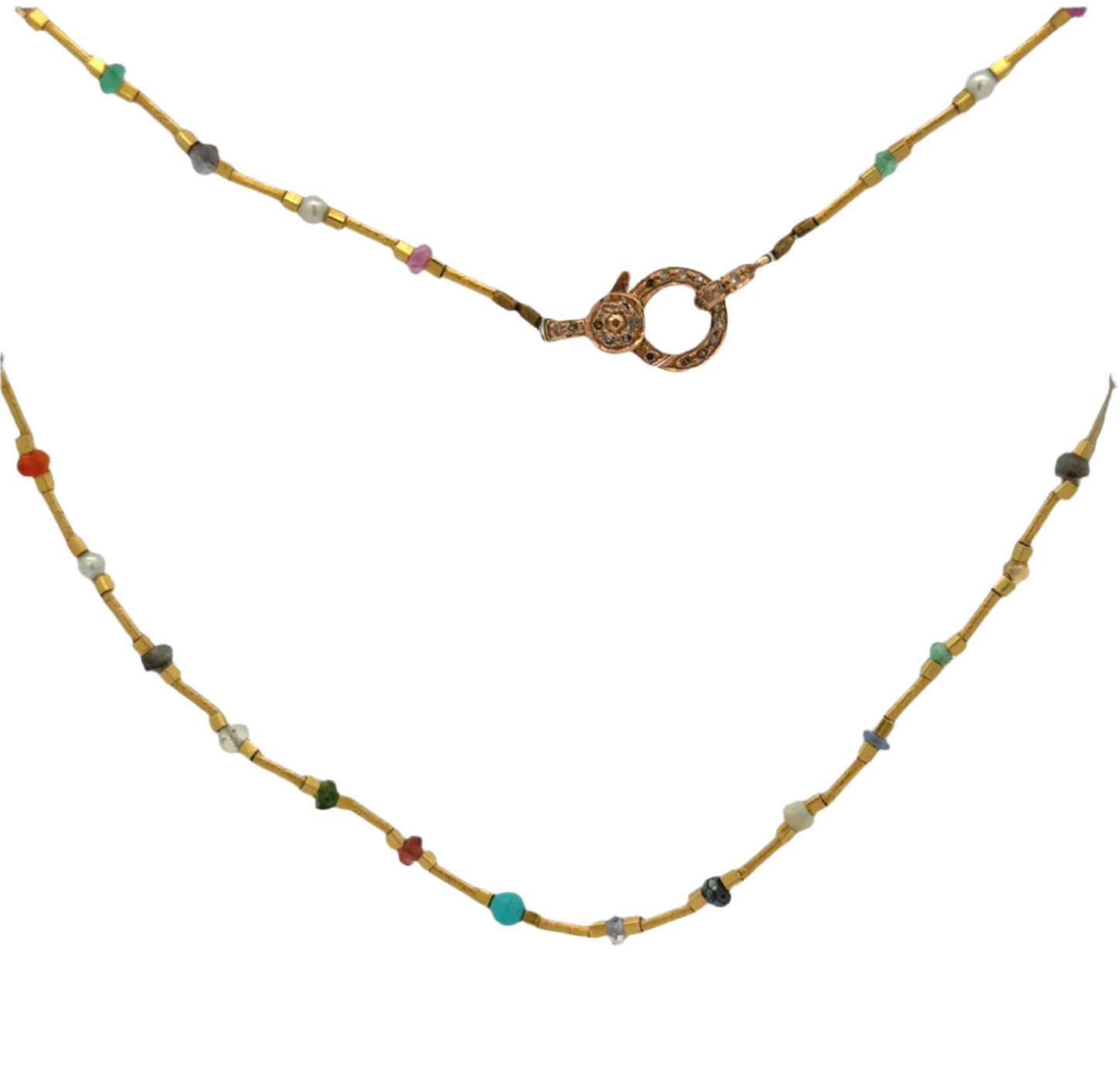 Multi Color Stone + Gold Beaded Chain - 30"