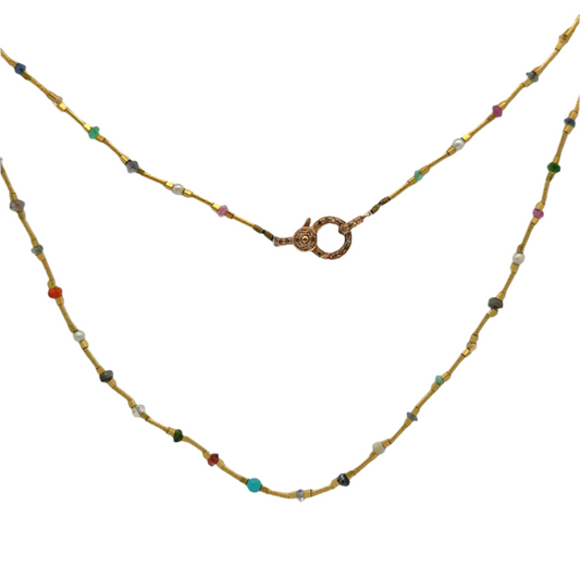 Multi Color Stone + Gold Beaded Chain - 30"